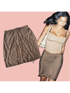 Vintage Mantles Silk Blend Brown Crinkle Midi Skirt Size 8 Y2K
